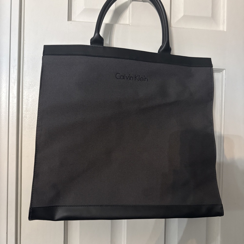 Calvin Klein Tote Bag Grey Black Canvas Snap Closure Straps